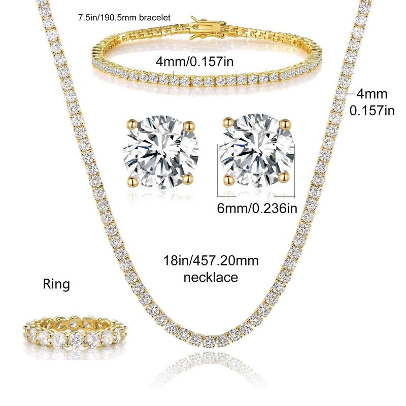 Gemsme 18K Yellow Gold Plated Tennis Necklace/Bracelet/Earrings/Band Ring Sets Pack of 4 (8#) - Image 2